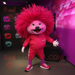 Magenta Porcupine mascot costume character dressed with a Leggings and Shoe clips