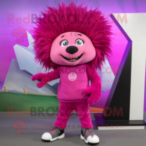 Magenta Porcupine mascot costume character dressed with a Leggings and Shoe clips