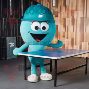 Teal Ping Pong Table mascot costume character dressed with a Leggings and Hats