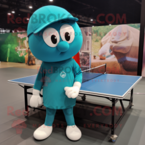 Teal Ping Pong Table mascot costume character dressed with a Leggings and Hats