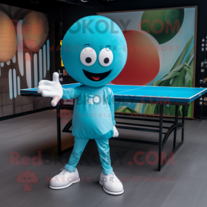 Teal Ping Pong Table mascot costume character dressed with a Leggings and Hats