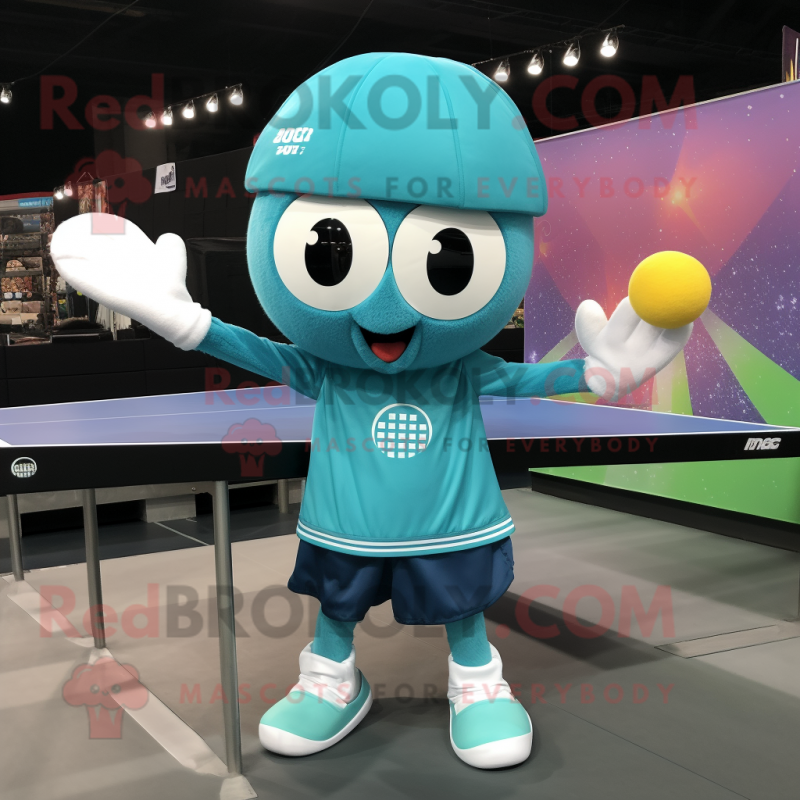 Teal Ping Pong Table mascot costume character dressed with a Leggings and Hats Teal Ping Pong Table mascot costume character dressed with a Leggings and Hats