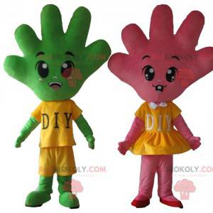 2 mascots of hands a pink and a very cute green - Redbrokoly.com