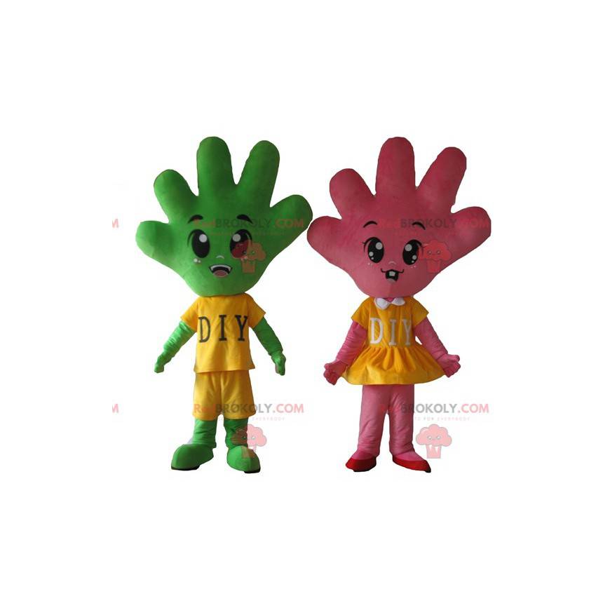 2 mascots of hands a pink and a very cute green - Redbrokoly.com