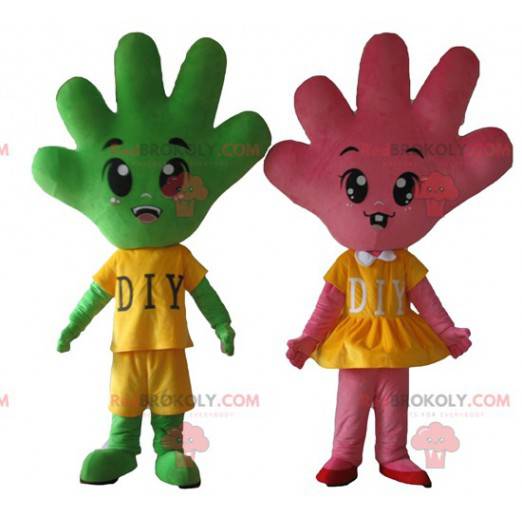 2 mascots of hands a pink and a very cute green - Redbrokoly.com