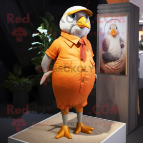 Orange Pigeon mascot costume character dressed with a Chinos and Brooches