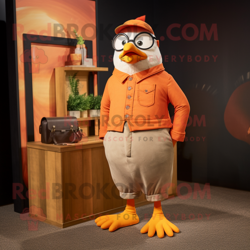 Orange Pigeon mascot costume character dressed with a Chinos and Brooches