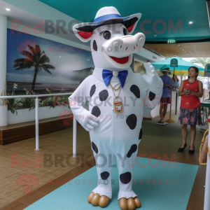 nan Cow mascot costume character dressed with a One-Piece Swimsuit and Cufflinks