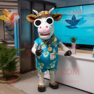 nan Cow mascot costume character dressed with a One-Piece Swimsuit and Cufflinks