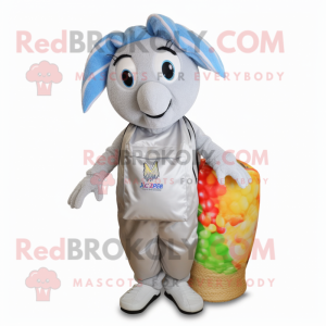 Silver Shrimp Scampi mascot costume character dressed with a Windbreaker and Tote bags