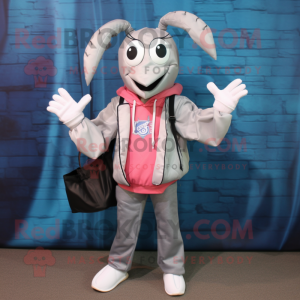 Silver Shrimp Scampi mascot costume character dressed with a Windbreaker and Tote bags
