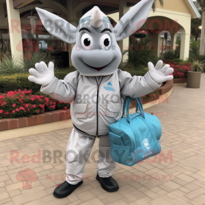 Silver Shrimp Scampi mascot costume character dressed with a Windbreaker and Tote bags