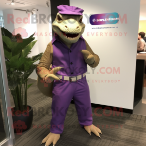Purple Komodo Dragon mascot costume character dressed with a Dress Pants and Cufflinks