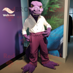 Purple Komodo Dragon mascot costume character dressed with a Dress Pants and Cufflinks