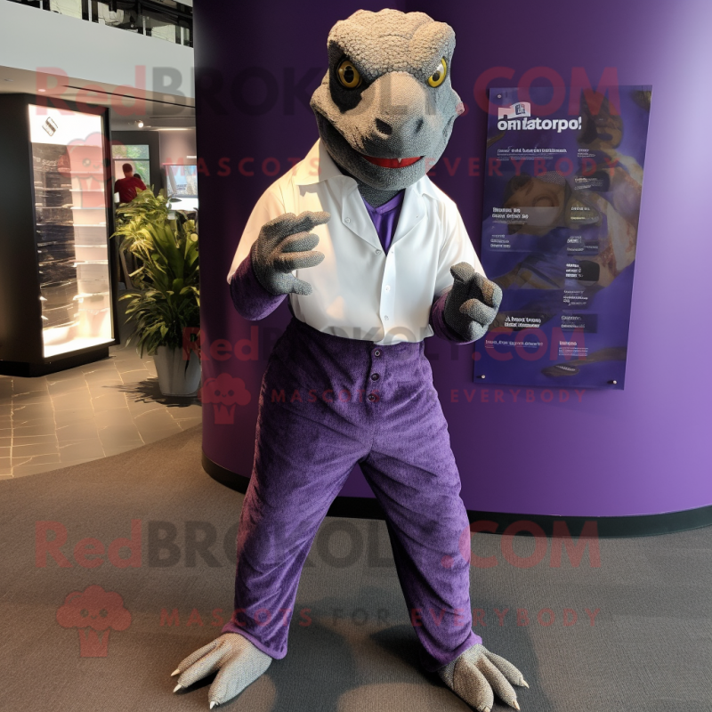 Purple Komodo Dragon mascot costume character dressed with a Dress Pants and Cufflinks