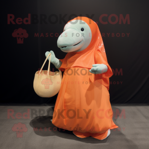 Orange Humpback Whale mascot costume character dressed with a Ball Gown and Tote bags