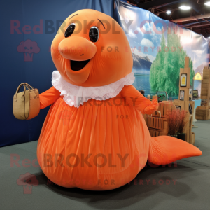 Orange Humpback Whale mascot costume character dressed with a Ball Gown and Tote bags