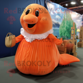 Orange Humpback Whale mascot costume character dressed with a Ball Gown and Tote bags
