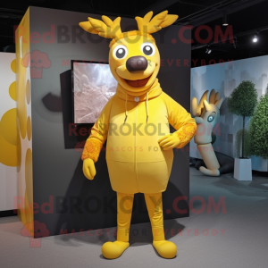 Yellow Reindeer mascot costume character dressed with a Playsuit and Lapel pins