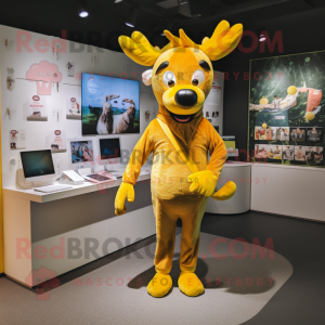 Yellow Reindeer mascot costume character dressed with a Playsuit and Lapel pins