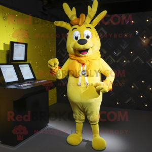 Yellow Reindeer mascot costume character dressed with a Playsuit and Lapel pins