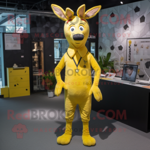 Yellow Reindeer mascot costume character dressed with a Playsuit and Lapel pins