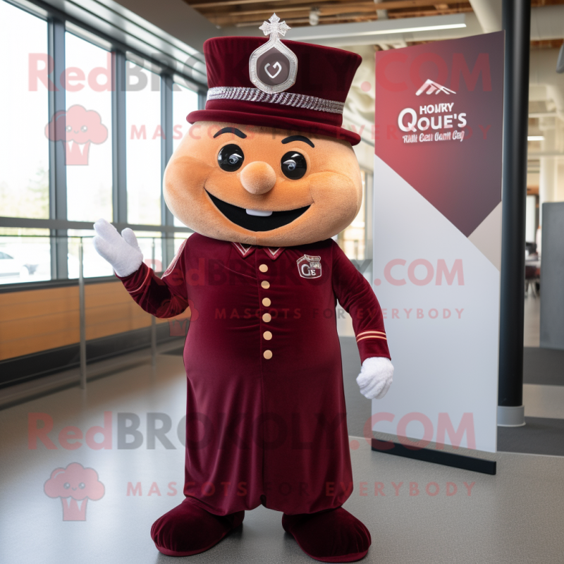 Maroon Queen mascot costume character dressed with a Chinos and Hats