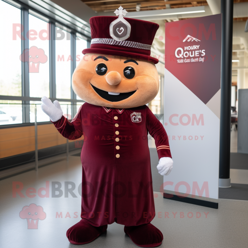 Maroon Queen mascot costume character dressed with a Chinos and Hats Maroon Queen mascot costume character dressed with a Chinos and Hats