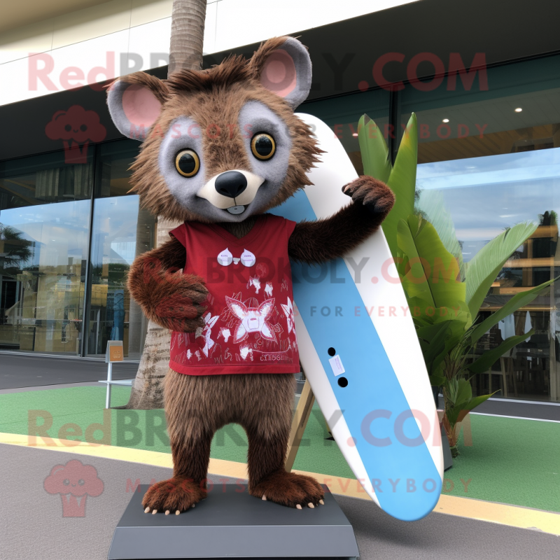 Maroon Aye-Aye mascot costume character dressed with a Board Shorts and Foot pads