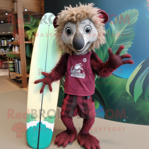 Maroon Aye-Aye mascot costume character dressed with a Board Shorts and Foot pads