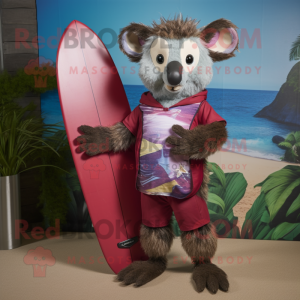 Maroon Aye-Aye mascot costume character dressed with a Board Shorts and Foot pads