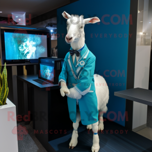 Cyan Boer Goat mascot costume character dressed with a Rash Guard and Pocket squares