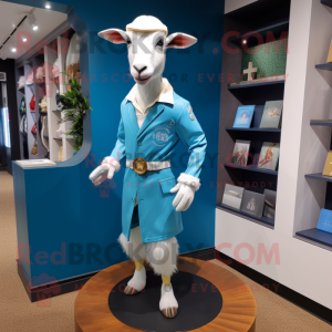 Cyan Boer Goat mascot costume character dressed with a Rash Guard and Pocket squares
