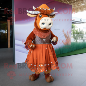 Rust Zebu mascot costume character dressed with a A-Line Skirt and Berets