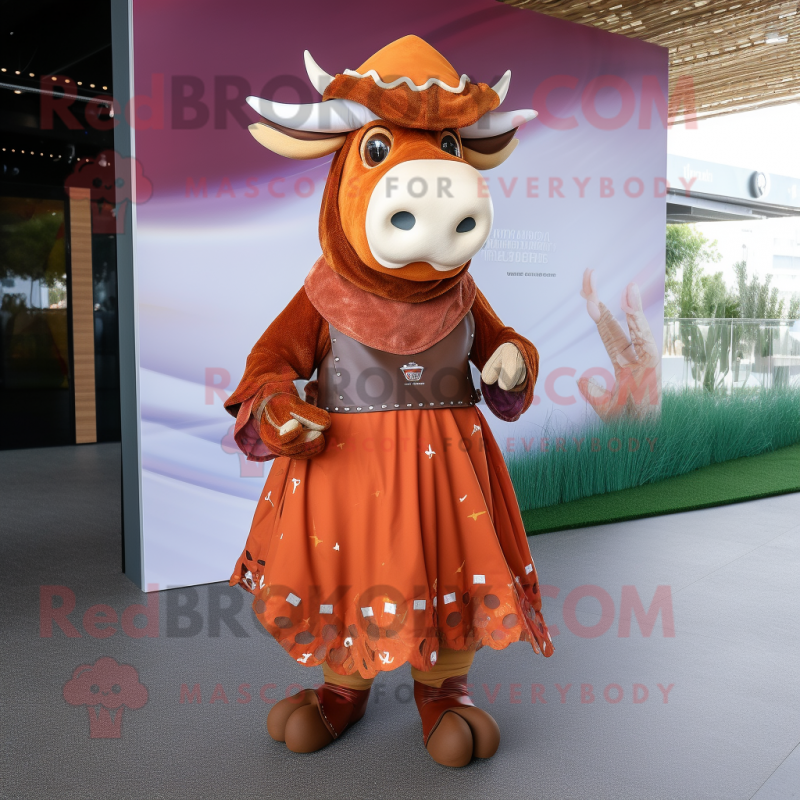 Rust Zebu mascot costume character dressed with a A-Line Skirt and Berets Rust Zebu mascot costume character dressed with a A-Line Skirt and Berets