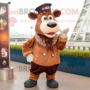 Rust Zebu mascot costume character dressed with a A-Line Skirt and Berets