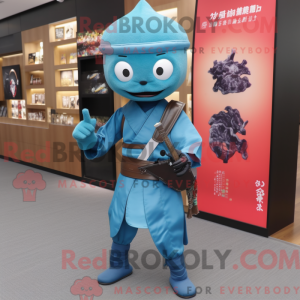Maskotfigur af en cyan...