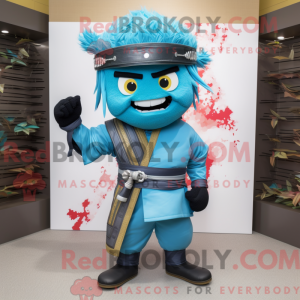 Maskotfigur af en cyan...