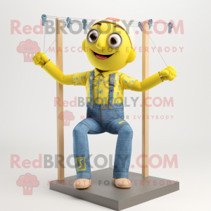 Lemon Yellow Trapeze Artist mascot costume character dressed with a Denim Shirt and Bracelets
