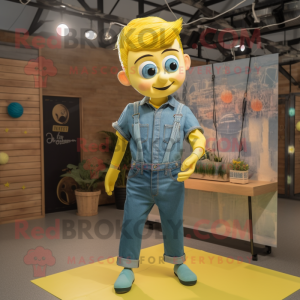 Lemon Yellow Trapeze Artist mascot costume character dressed with a Denim Shirt and Bracelets