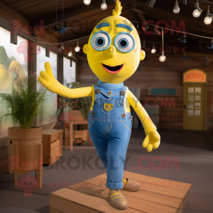 Lemon Yellow Trapeze Artist mascot costume character dressed with a Denim Shirt and Bracelets