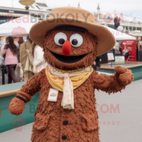 Brown Paella mascot costume character dressed with a Cardigan and Hat pins