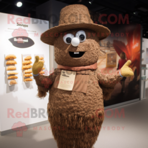 Brown Paella mascot costume character dressed with a Cardigan and Hat pins