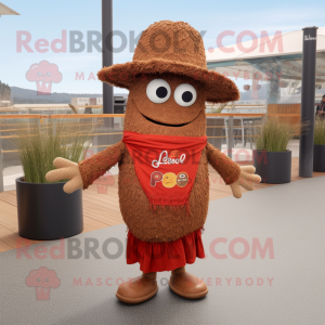 Brown Paella mascot costume character dressed with a Cardigan and Hat pins