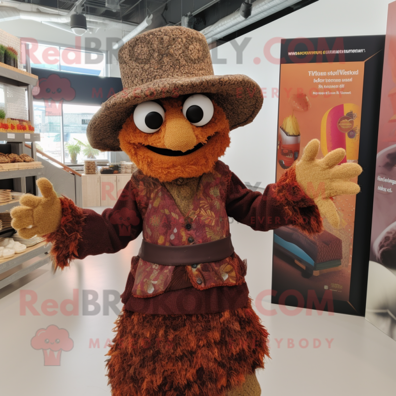 Brown Paella mascot costume character dressed with a Cardigan and Hat pins Brown Paella mascot costume character dressed with a Cardigan and Hat pins