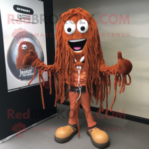 Rust Spaghetti mascot costume character dressed with a Jacket and Keychains