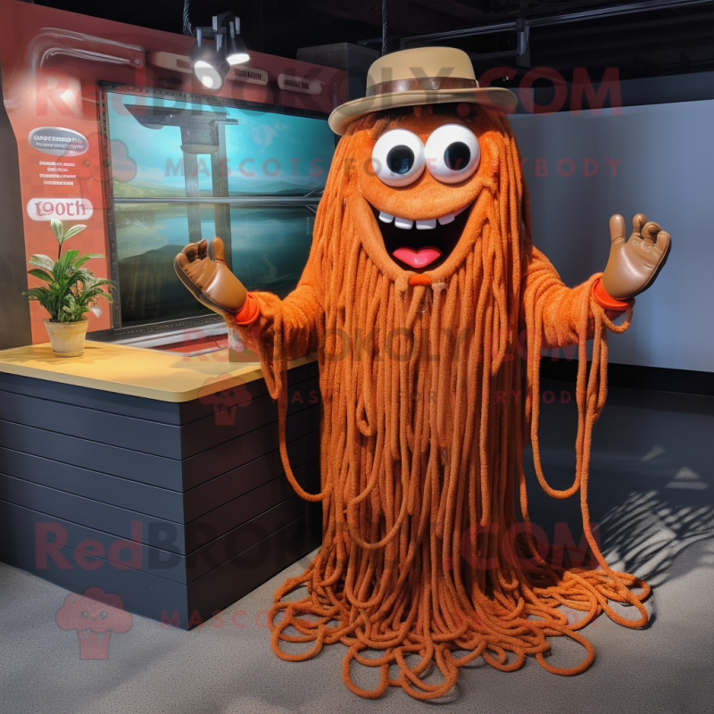 Rust Spaghetti mascot costume character dressed with a Jacket and Keychains Rust Spaghetti mascot costume character dressed with a Jacket and Keychains