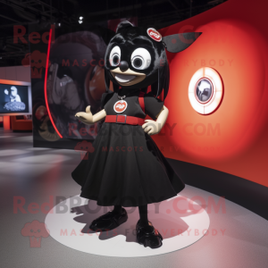 Black Plate Spinner mascot costume character dressed with a Mini Skirt and Brooches