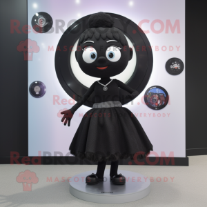 Black Plate Spinner mascot costume character dressed with a Mini Skirt and Brooches