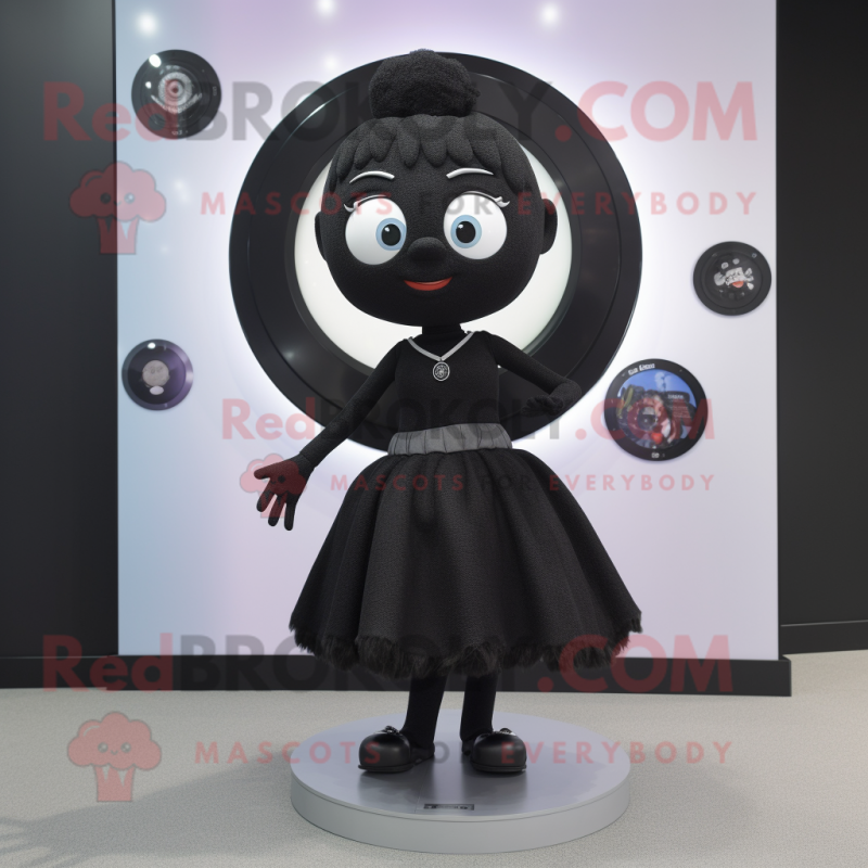 Black Plate Spinner mascot costume character dressed with a Mini Skirt and Brooches